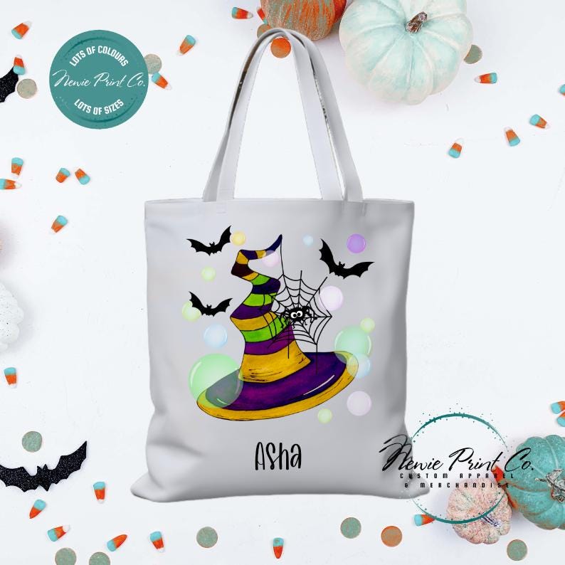 Custom Halloween tote bag with optional personalised name printed on the front, perfect for trick-or-treating or spooky season gifts