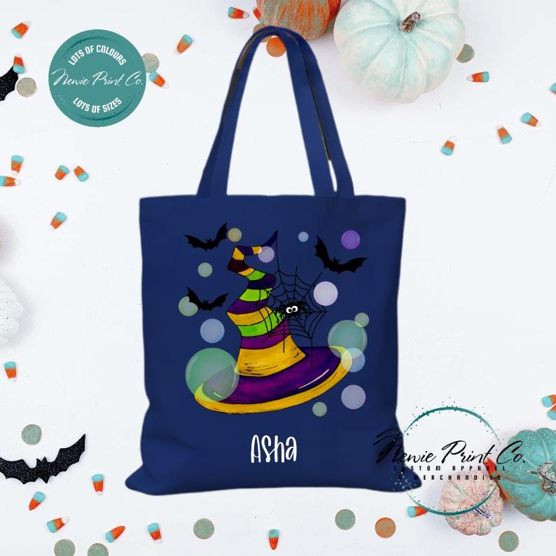 Custom Halloween tote bag with optional personalised name printed on the front, perfect for trick-or-treating or spooky season gifts