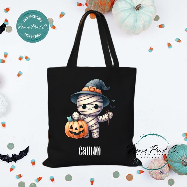 Custom Halloween tote bag with a cute zombie scarecrow, optional personalised name printed on the front, perfect for trick-or-treating or spooky season gifts