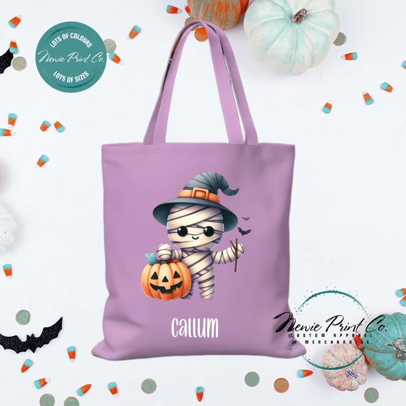 Custom Halloween tote bag with a cute zombie scarecrow, optional personalised name printed on the front, perfect for trick-or-treating or spooky season gifts