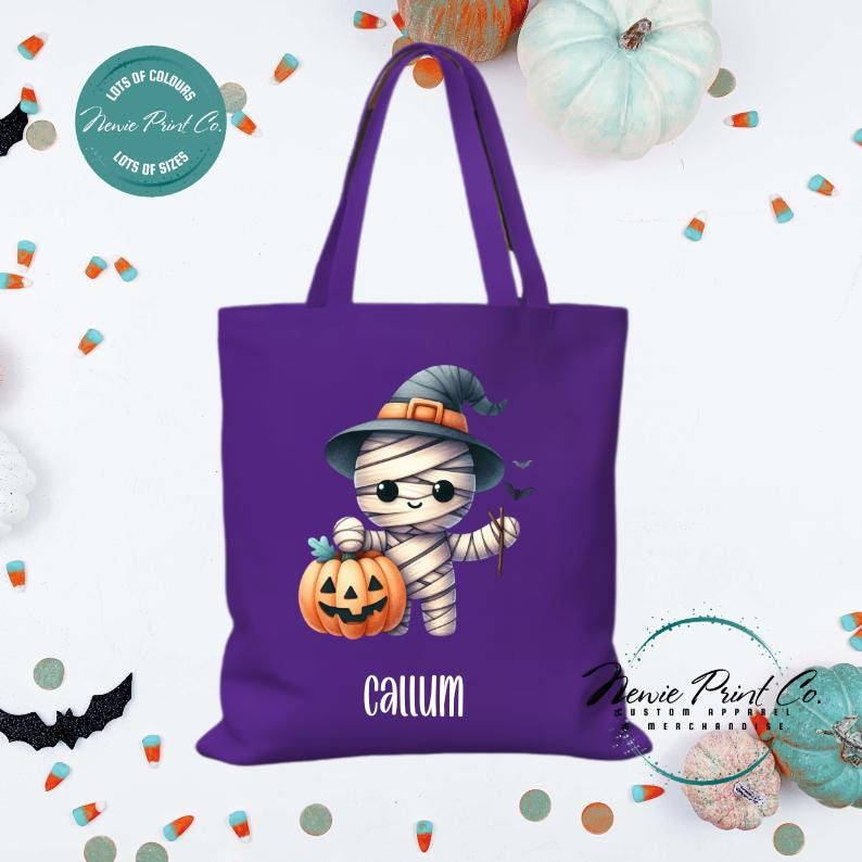 Custom Halloween tote bag with a cute zombie scarecrow, optional personalised name printed on the front, perfect for trick-or-treating or spooky season gifts