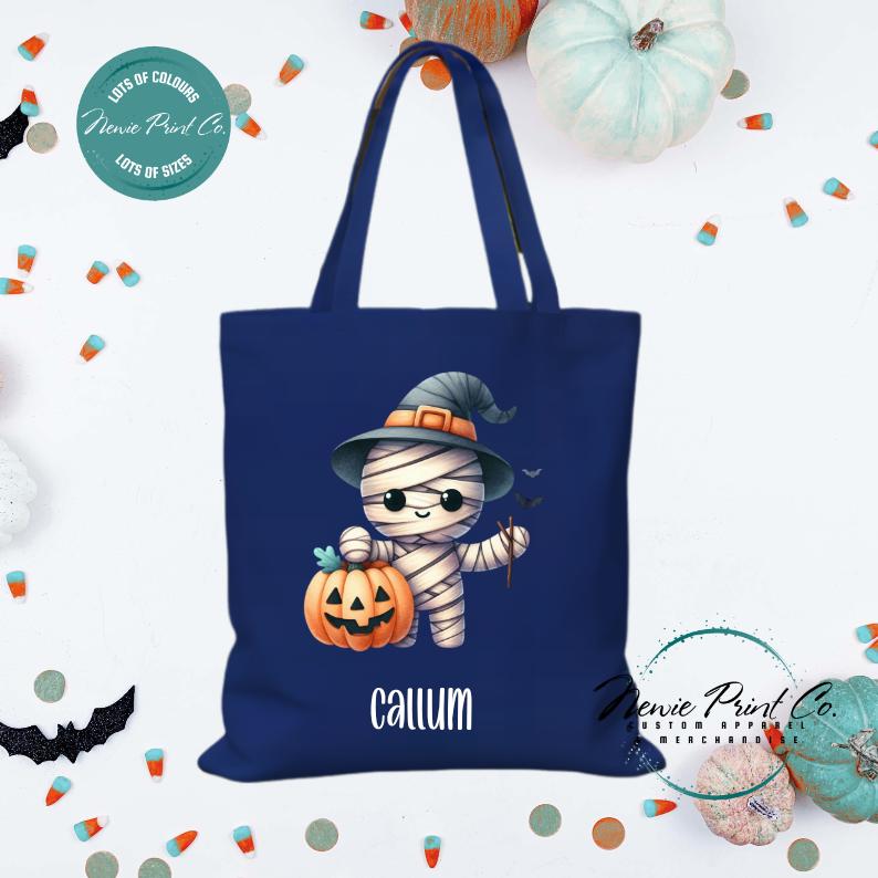 Custom Halloween tote bag with a cute zombie scarecrow, optional personalised name printed on the front, perfect for trick-or-treating or spooky season gifts