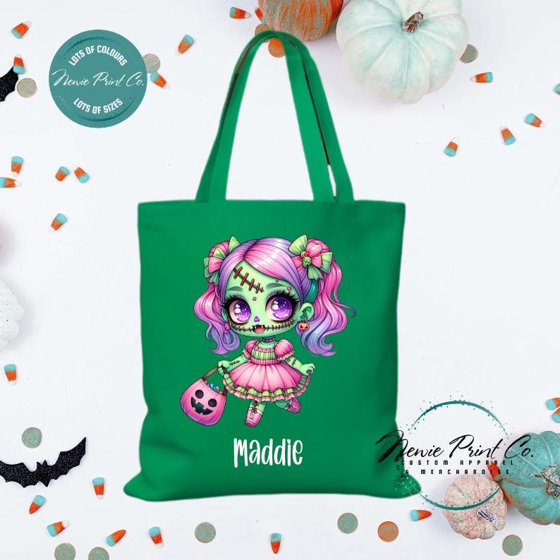 Custom Halloween tote bag with a cute zombie girl dressed in pink and purple, optional personalised name printed on the front, perfect for trick-or-treating or spooky season gifts