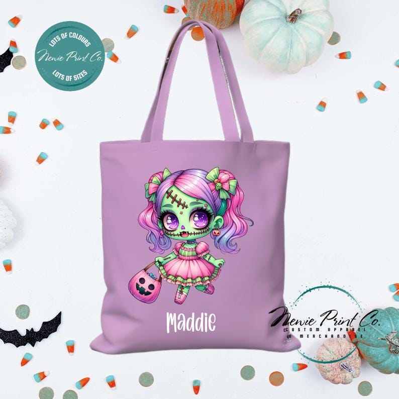 Custom Halloween tote bag with a cute zombie girl dressed in pink and purple, optional personalised name printed on the front, perfect for trick-or-treating or spooky season gifts