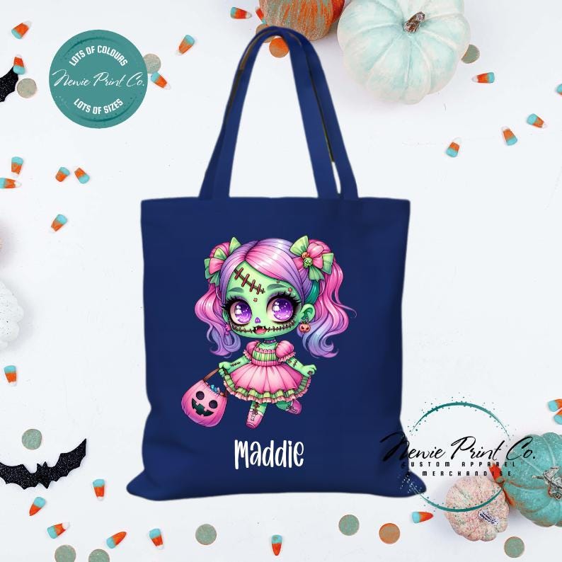 Custom Halloween tote bag with a cute zombie girl dressed in pink and purple, optional personalised name printed on the front, perfect for trick-or-treating or spooky season gifts