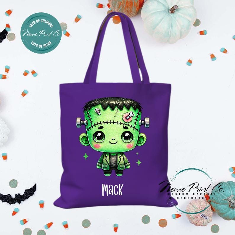 Custom Halloween tote bag with a cute zombie Frankenstein boy, optional personalised name printed on the front, perfect for trick-or-treating or spooky season gifts