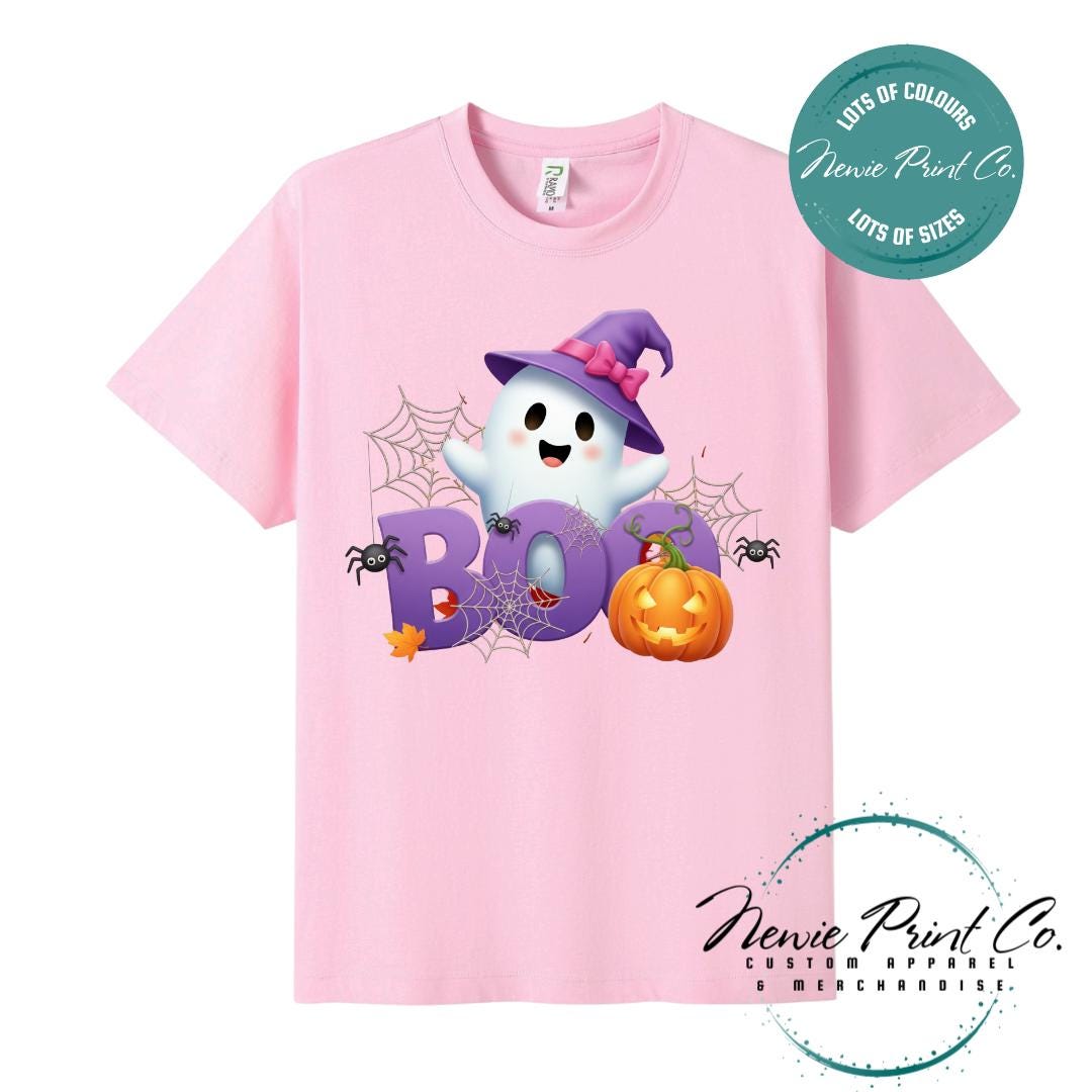 Custom Halloween t-shirts printed in Australia, featuring a cute but spooky design ghost design with the words boo in big bold letters and optional personalised names underneath - perfect for Halloween parties, school events, or family matching outfits.