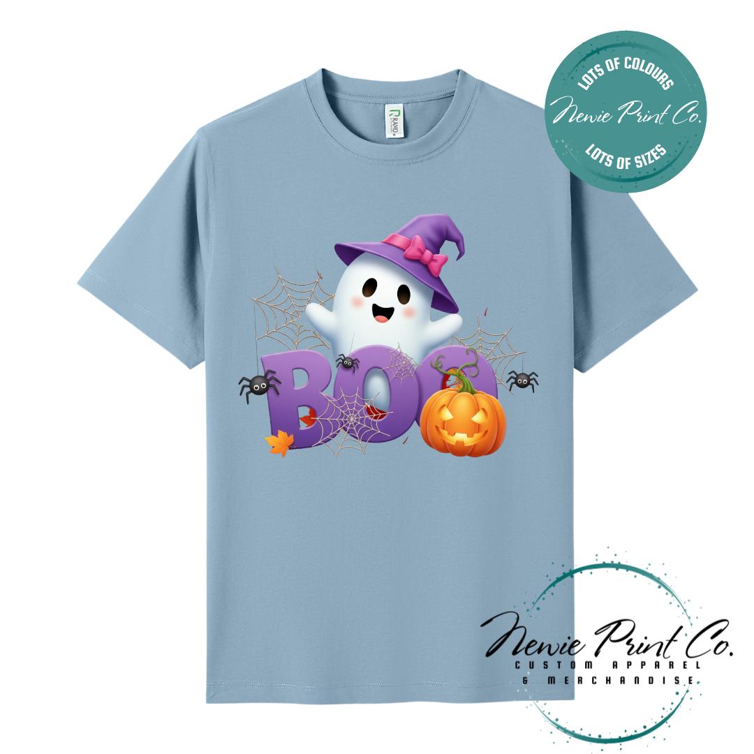Custom Halloween t-shirts printed in Australia, featuring a cute but spooky design ghost design with the words boo in big bold letters and optional personalised names underneath - perfect for Halloween parties, school events, or family matching outfits.
