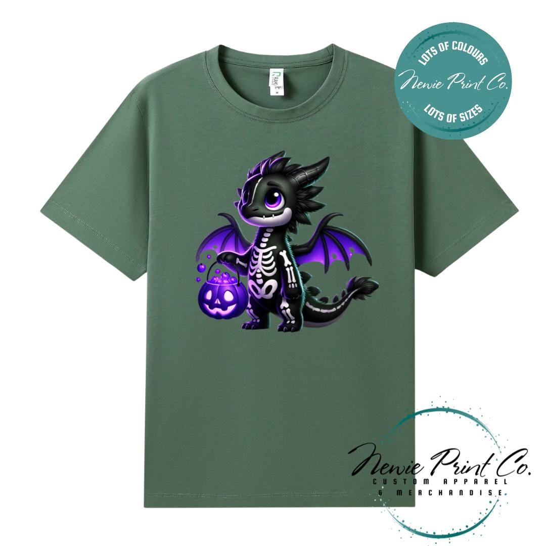 Custom Halloween t-shirts printed in Australia, featuring a cute but spooky black and purple dragon, and optional personalised names underneath - perfect for Halloween parties, school events, or family matching outfits.