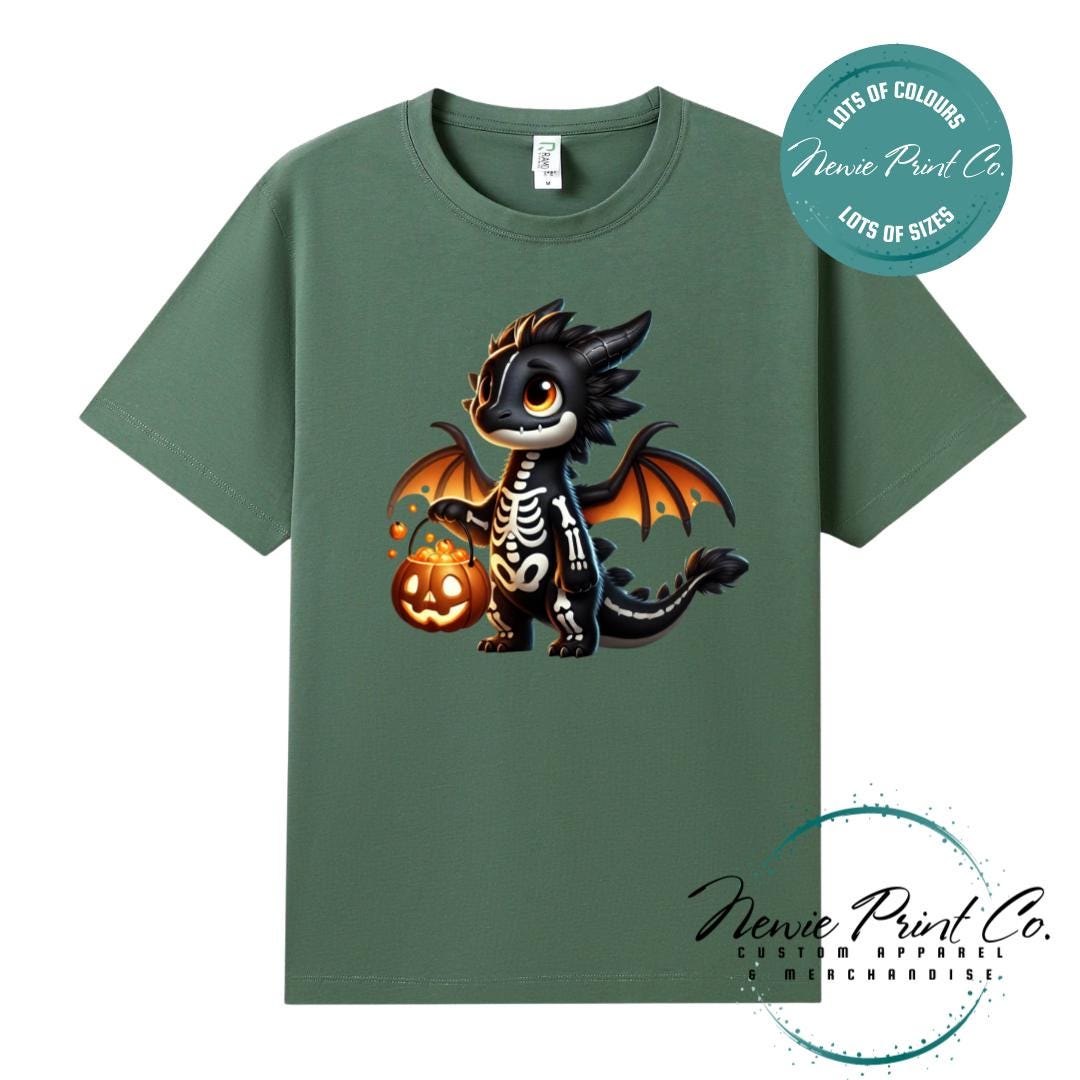 Custom Halloween t-shirts printed in Australia, featuring a cute but spooky black and orange dragon, and optional personalised names underneath - perfect for Halloween parties, school events, or family matching outfits.