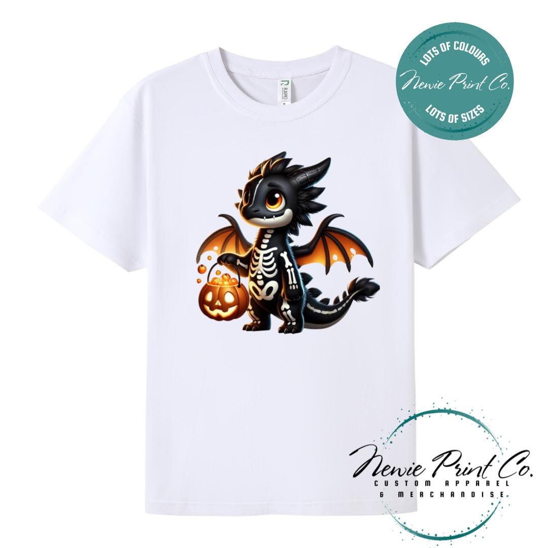 Custom Halloween t-shirts printed in Australia, featuring a cute but spooky black and orange dragon, and optional personalised names underneath - perfect for Halloween parties, school events, or family matching outfits.