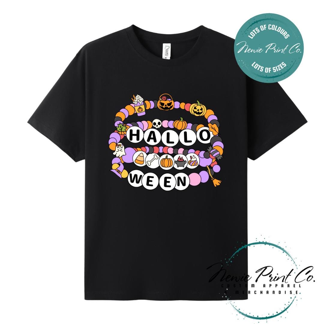 Custom Halloween t-shirts printed by in Australia, featuring a spooky friendship bracelet designs and optional personalised names — perfect for Halloween parties, school events, or family matching outfits.