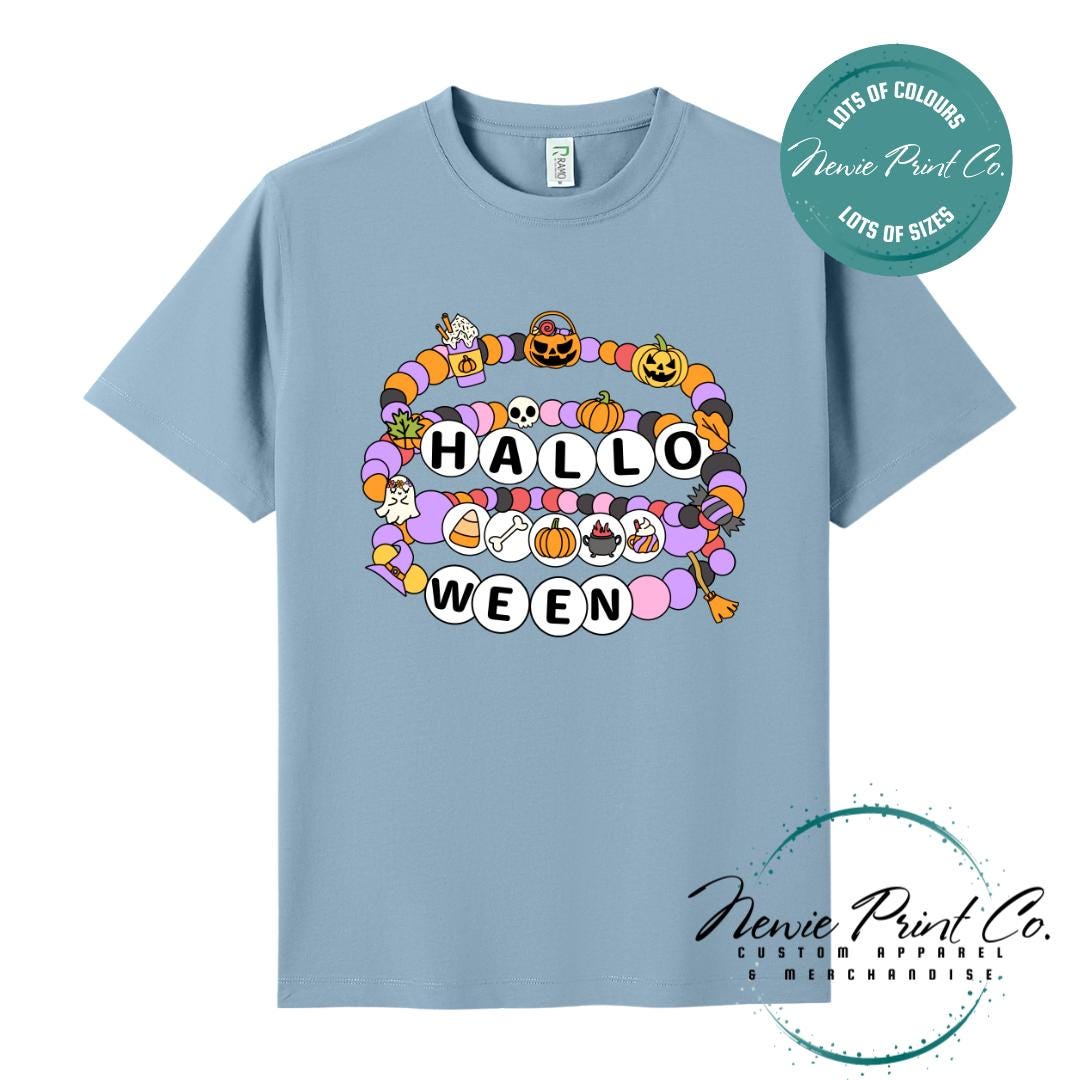 Custom Halloween t-shirts printed by in Australia, featuring a spooky friendship bracelet designs and optional personalised names — perfect for Halloween parties, school events, or family matching outfits.