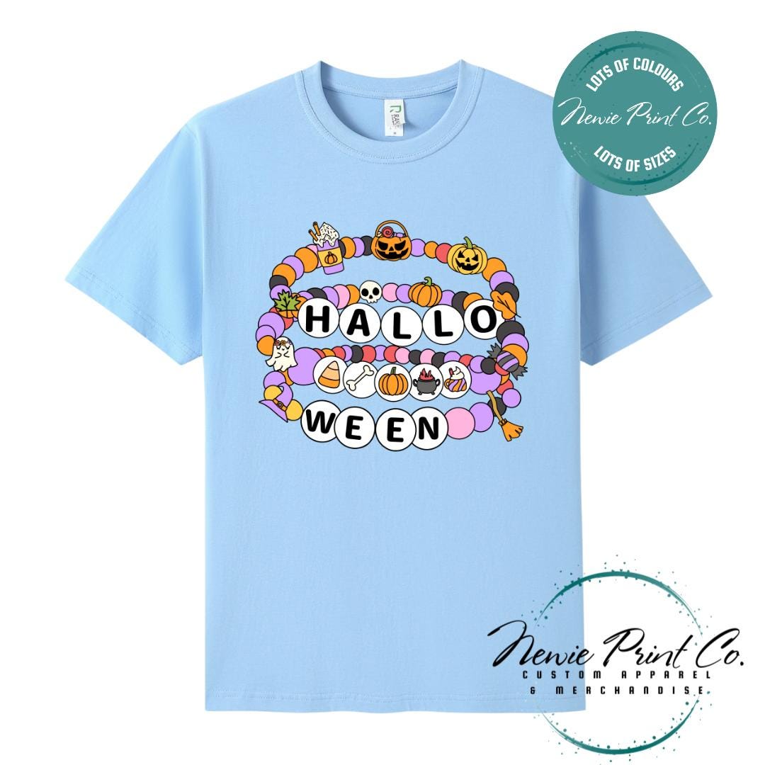 Custom Halloween t-shirts printed by in Australia, featuring a spooky friendship bracelet designs and optional personalised names — perfect for Halloween parties, school events, or family matching outfits.