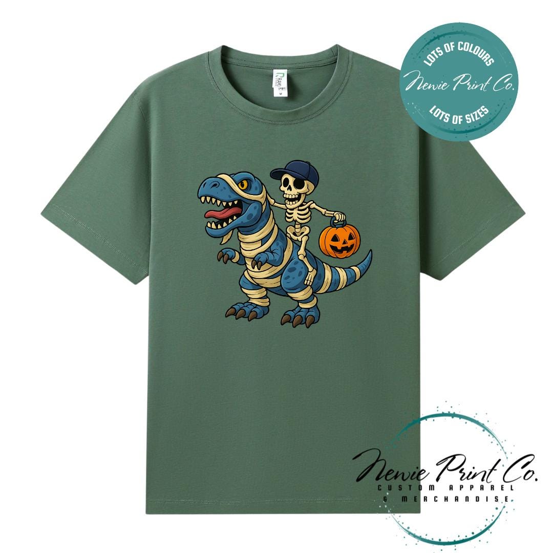 Custom Halloween t-shirts printed by Newie Print Co, featuring spooky designs and optional personalised names — perfect for Halloween parties, school events, or family matching outfits.