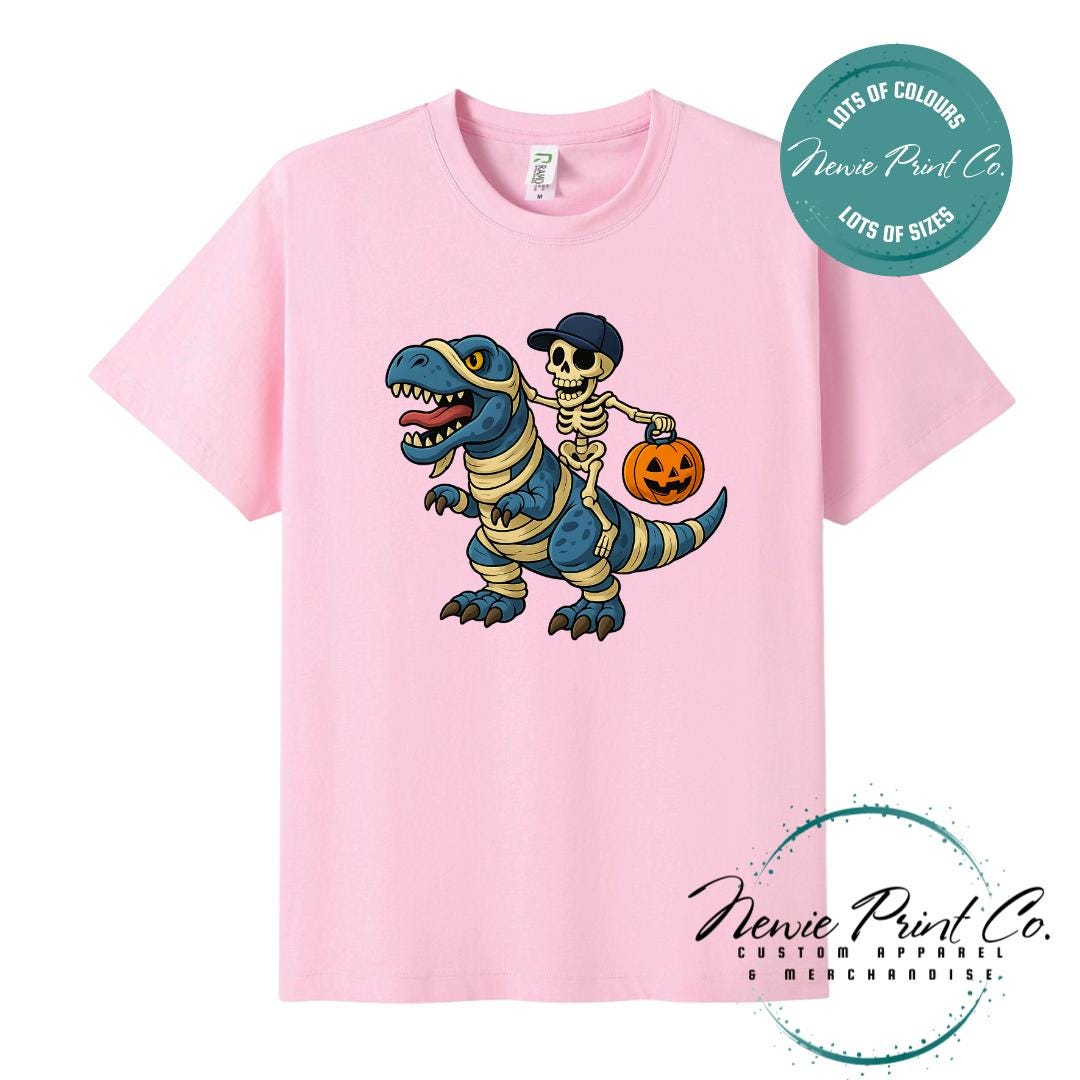 Custom Halloween t-shirts printed by Newie Print Co, featuring spooky designs and optional personalised names — perfect for Halloween parties, school events, or family matching outfits.