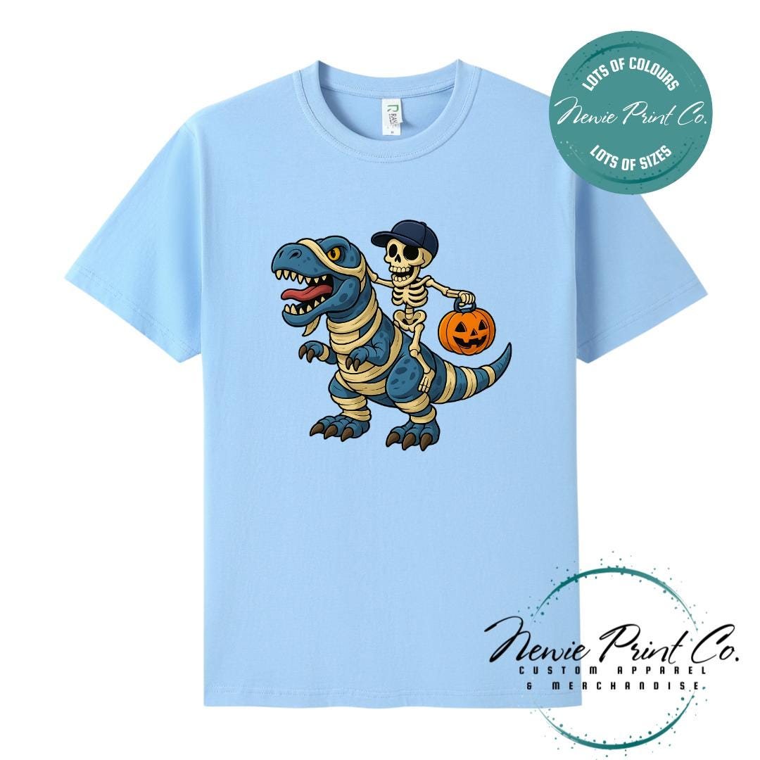 Custom Halloween t-shirts printed by Newie Print Co, featuring spooky designs and optional personalised names — perfect for Halloween parties, school events, or family matching outfits.