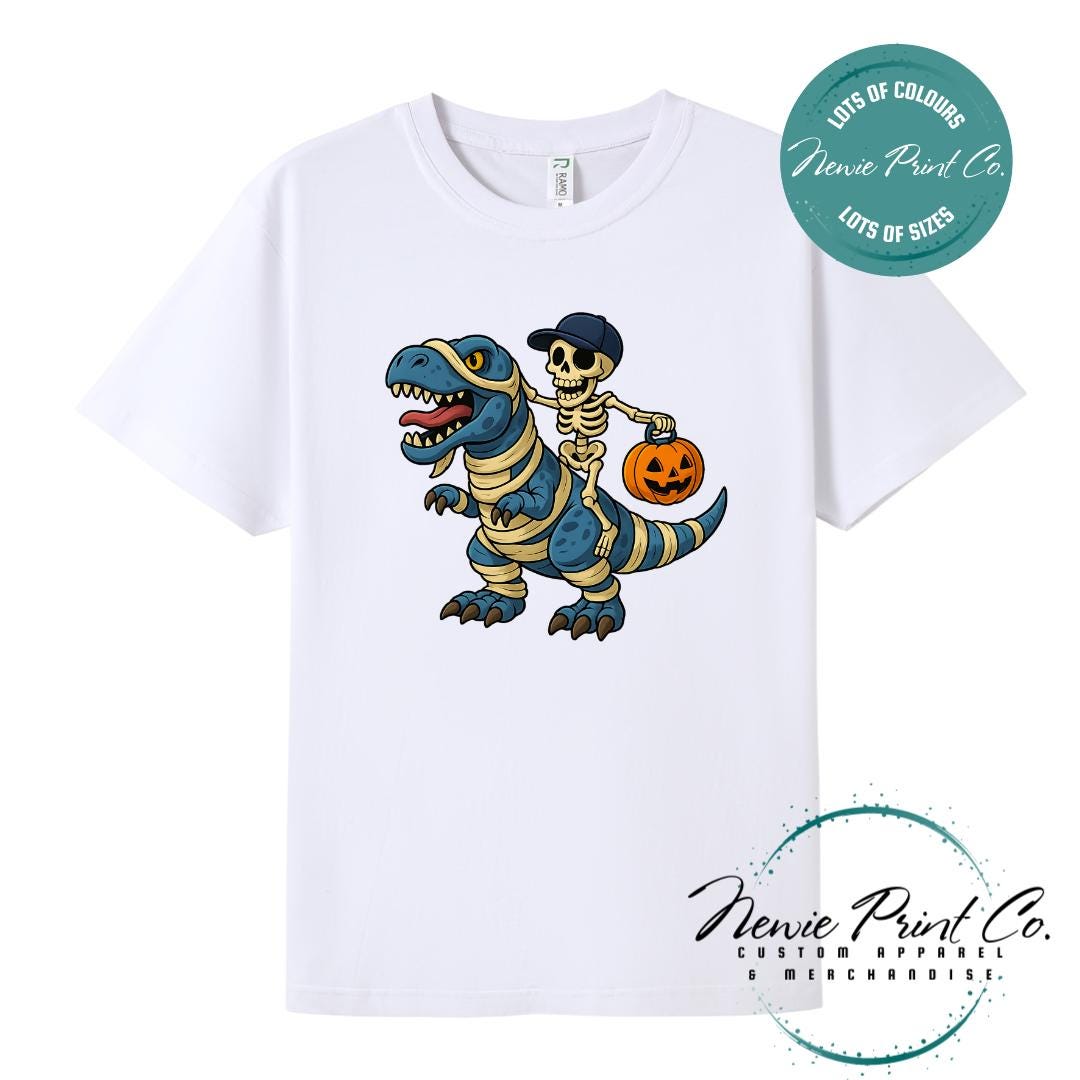 Custom Halloween t-shirts printed by Newie Print Co, featuring spooky designs and optional personalised names — perfect for Halloween parties, school events, or family matching outfits.