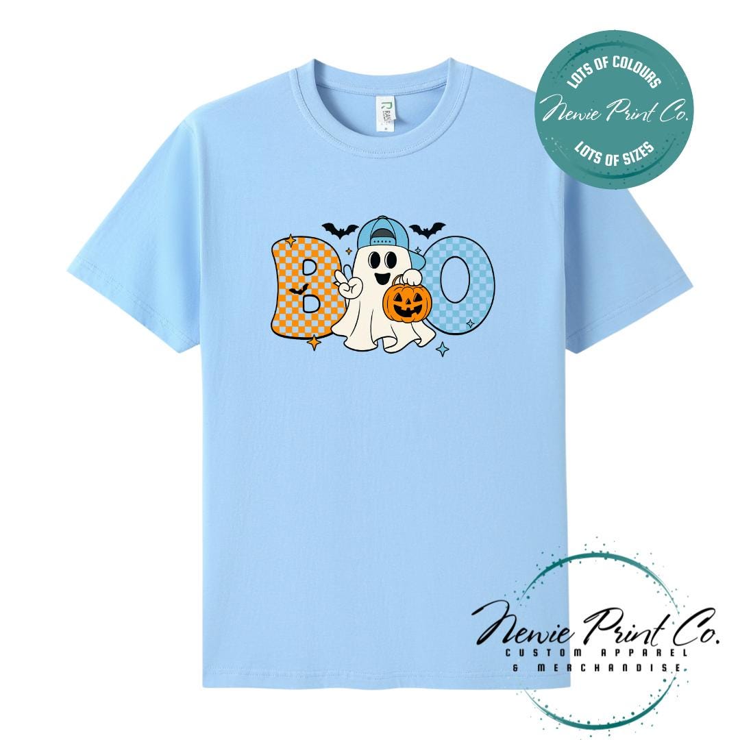 Custom Halloween t-shirts printed in Australia, featuring spooky designs and optional personalised names — perfect for Halloween parties, school events, or family matching outfits.