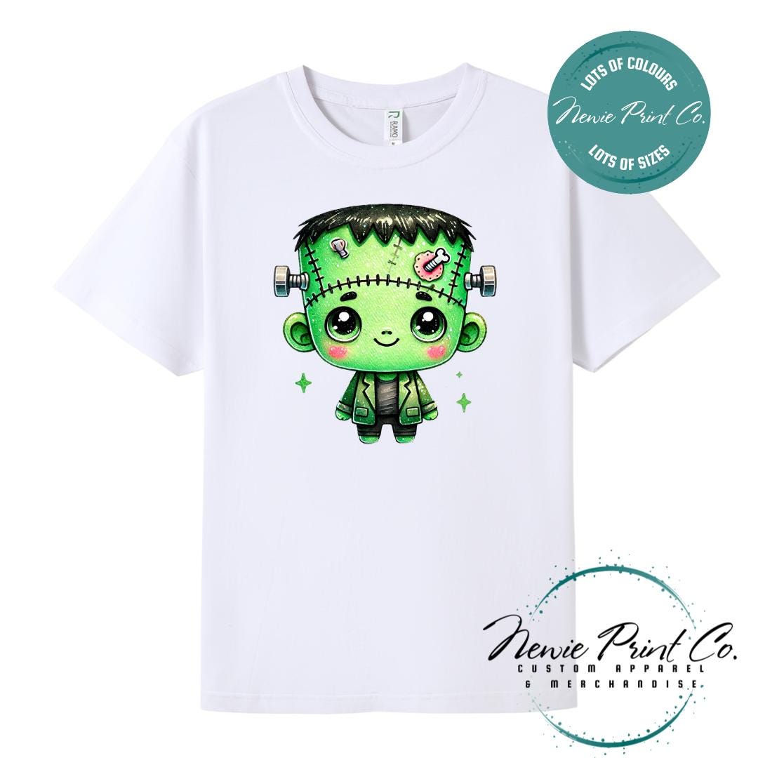 Custom Halloween t-shirts printed by in Australia by Newie Print Co, featuring a cute and spooky zombie Frankenstein and optional personalised names — perfect for Halloween parties, school events, or family matching outfits.