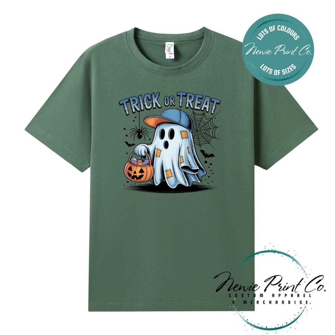 Custom Halloween t-shirts printed by Newie Print Co, featuring spooky designs and optional personalised names — perfect for Halloween parties, school events, or family matching outfits.