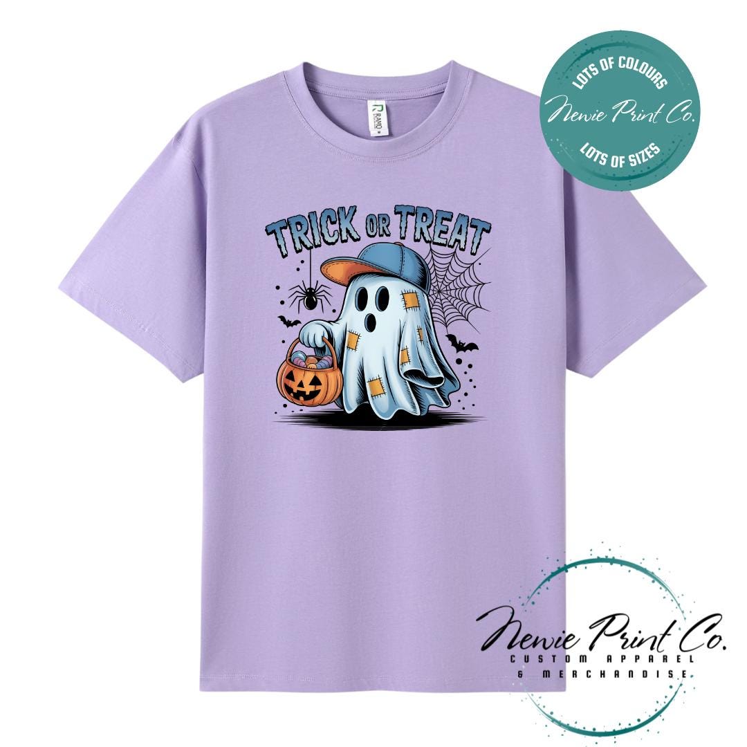 Custom Halloween t-shirts printed by Newie Print Co, featuring spooky designs and optional personalised names — perfect for Halloween parties, school events, or family matching outfits.