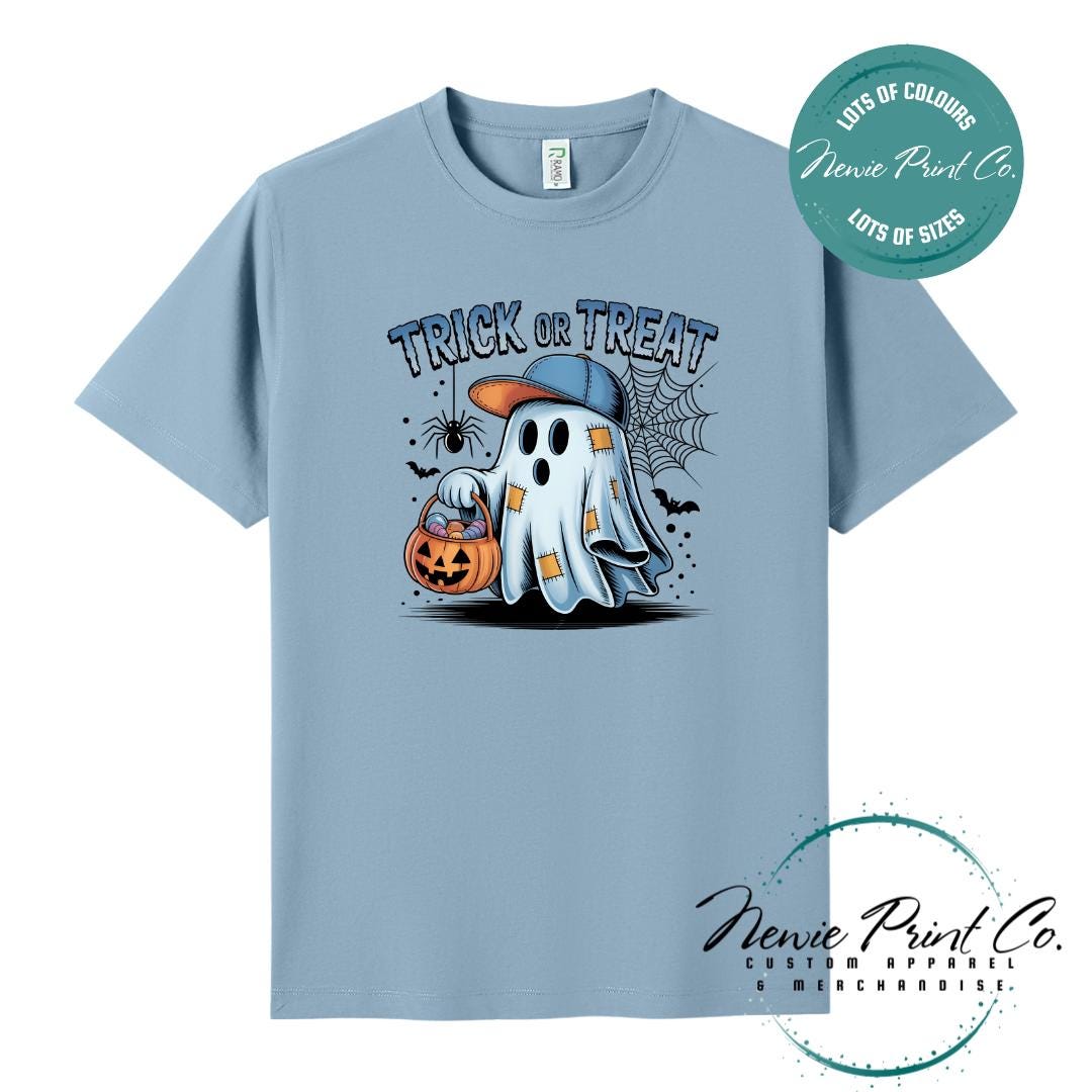 Custom Halloween t-shirts printed by Newie Print Co, featuring spooky designs and optional personalised names — perfect for Halloween parties, school events, or family matching outfits.