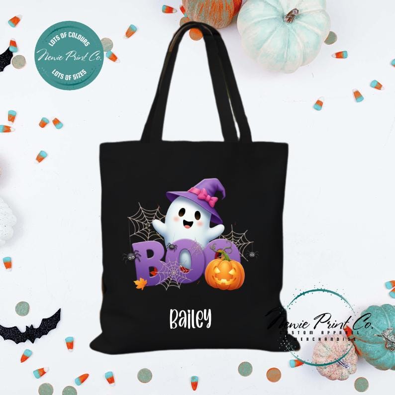 Custom Halloween tote bag with optional personalised name printed on the front, perfect for trick-or-treating or spooky season gifts by Newie Print Co.