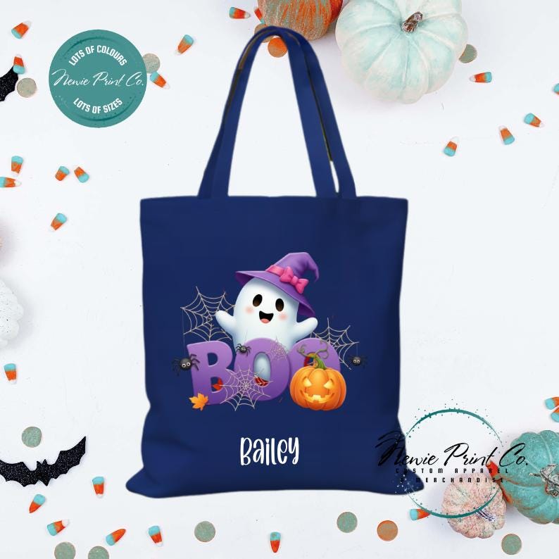 Custom Halloween tote bag with optional personalised name printed on the front, perfect for trick-or-treating or spooky season gifts by.