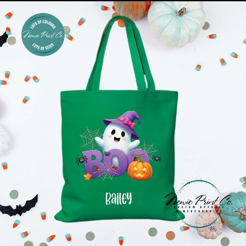Custom Halloween tote bag with optional personalised name printed on the front, perfect for trick-or-treating or spooky season gifts.