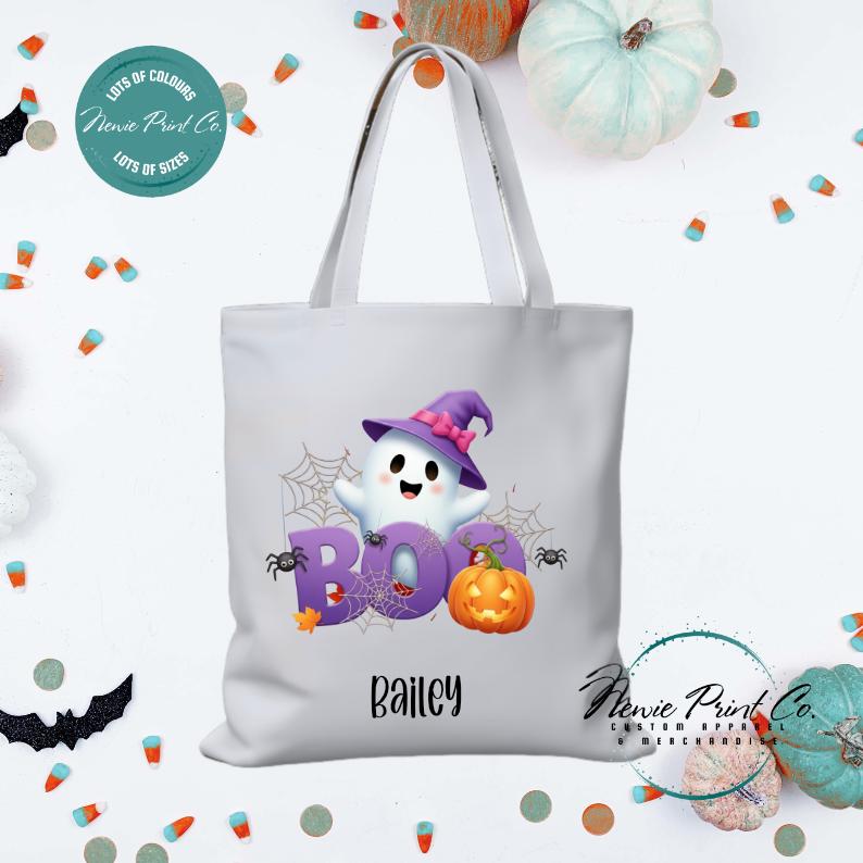 Custom Halloween tote bag with optional personalised name printed on the front, perfect for trick-or-treating or spooky season gifts by.