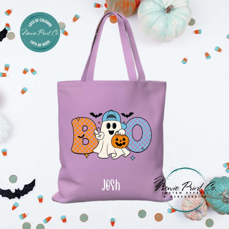 Custom Halloween tote bag with optional personalised name printed on the front, perfect for trick-or-treating or spooky season gifts.