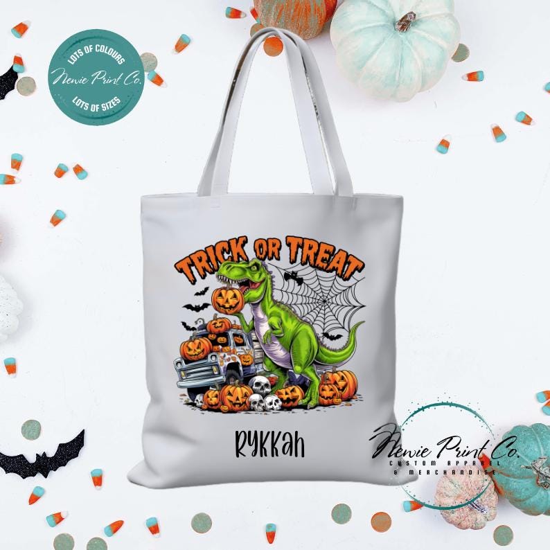 Custom Halloween tote bag with optional personalised name printed on the front, perfect for trick-or-treating or spooky season gifts
