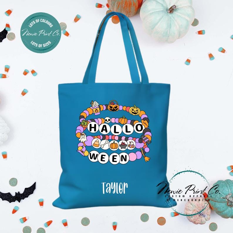 Custom Halloween tote bag with optional personalised name printed on the front, perfect for trick-or-treating or spooky season gifts