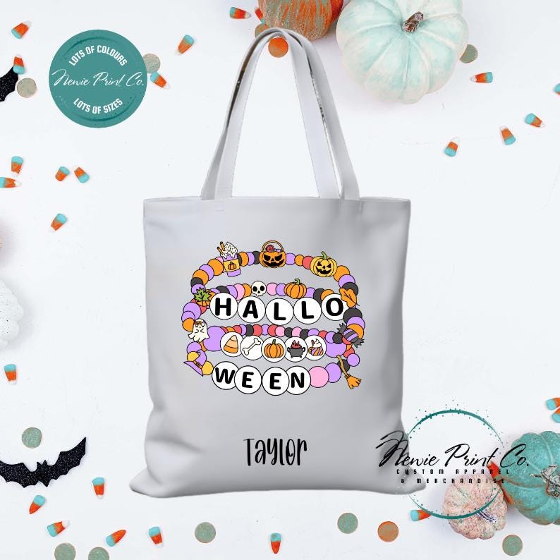 Custom Halloween tote bag with optional personalised name printed on the front, perfect for trick-or-treating or spooky season gifts