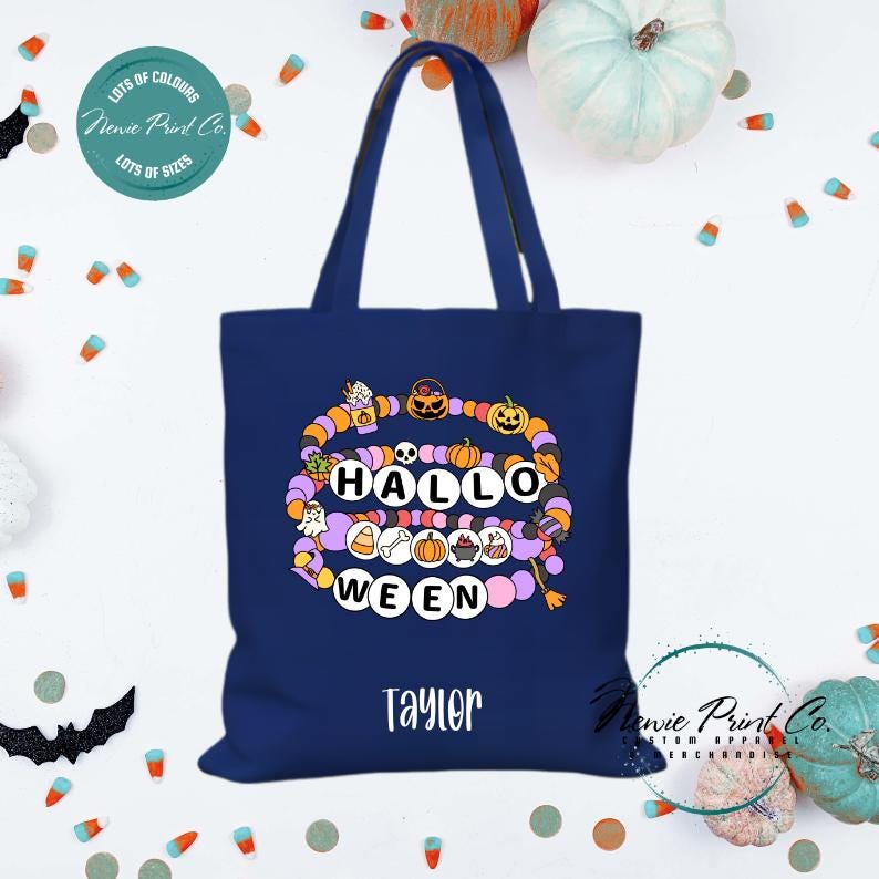 Custom Halloween tote bag with optional personalised name printed on the front, perfect for trick-or-treating or spooky season gifts