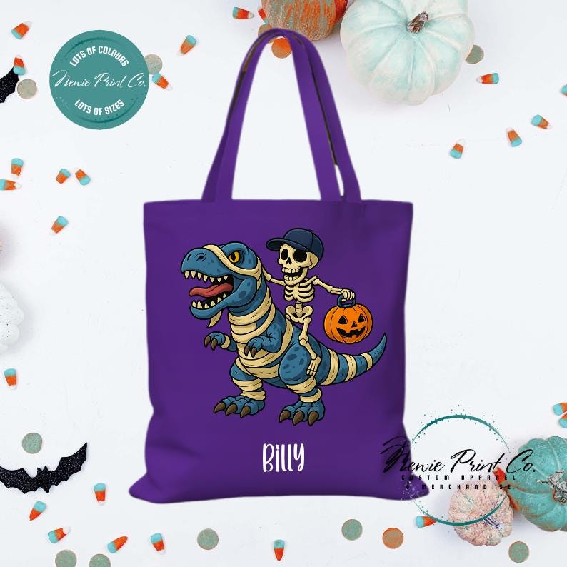 Custom Halloween tote bag with optional personalised name printed on the front, perfect for trick-or-treating or spooky season gifts