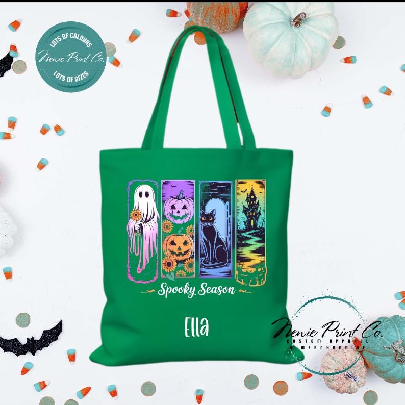 Custom Halloween tote bag with optional personalised name printed on the front, perfect for trick-or-treating or spooky season gifts
