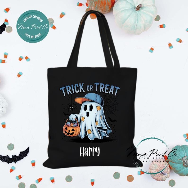 Custom Halloween tote bag with optional personalised name printed on the front, perfect for trick-or-treating or spooky season gifts