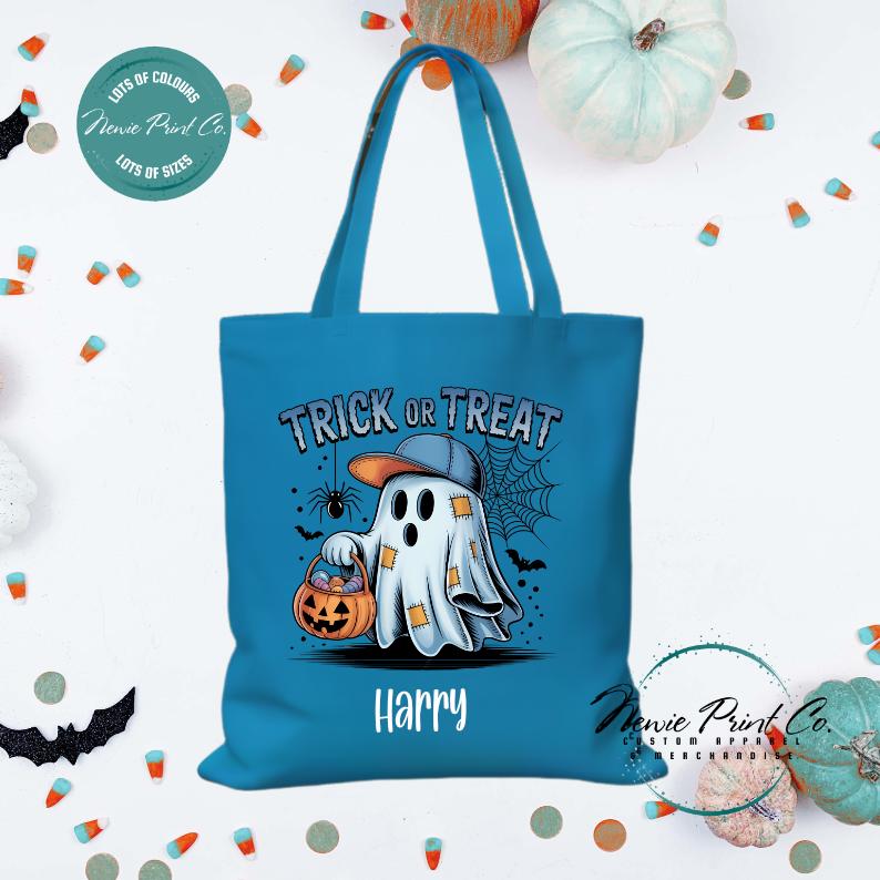Custom Halloween tote bag with optional personalised name printed on the front, perfect for trick-or-treating or spooky season gifts
