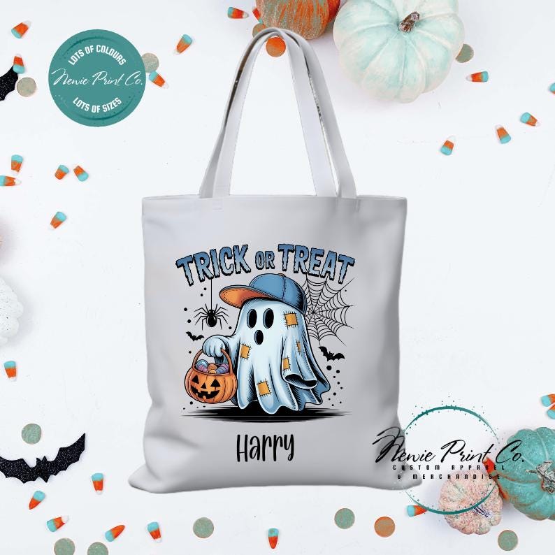 Custom Halloween tote bag with optional personalised name printed on the front, perfect for trick-or-treating or spooky season gifts