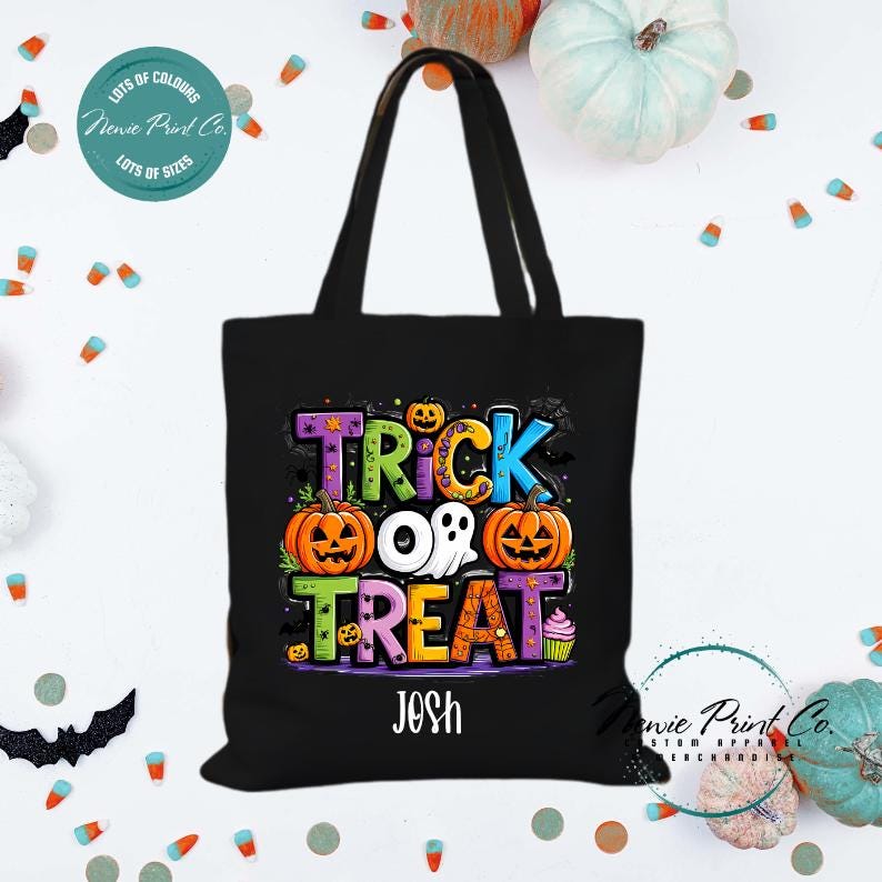 Custom Halloween tote bag with optional personalised name printed on the front, perfect for trick-or-treating or spooky season gifts