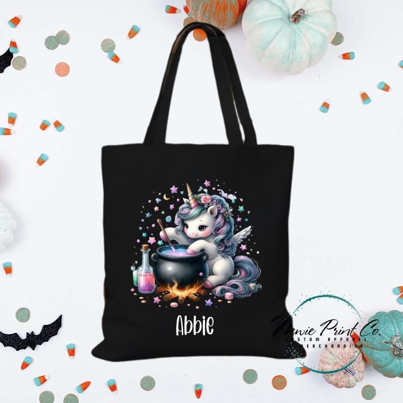 Custom Halloween tote bag with optional personalised name printed on the front, perfect for trick-or-treating or spooky season gifts