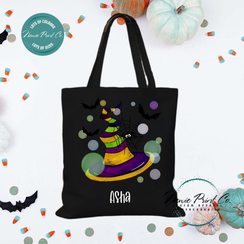 Custom Halloween tote bag with optional personalised name printed on the front, perfect for trick-or-treating or spooky season gifts