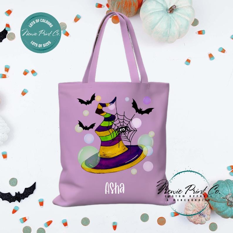 Custom Halloween tote bag with optional personalised name printed on the front, perfect for trick-or-treating or spooky season gifts