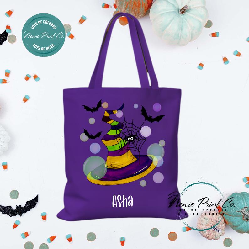 Custom Halloween tote bag with optional personalised name printed on the front, perfect for trick-or-treating or spooky season gifts