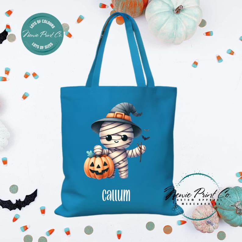 Custom Halloween tote bag with a cute zombie scarecrow, optional personalised name printed on the front, perfect for trick-or-treating or spooky season gifts