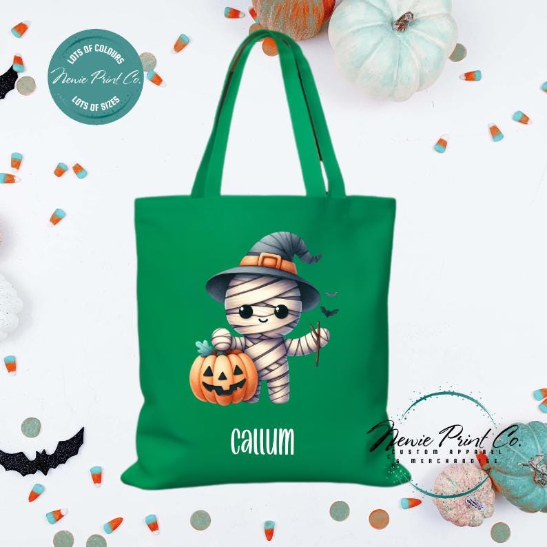 Custom Halloween tote bag with a cute zombie scarecrow, optional personalised name printed on the front, perfect for trick-or-treating or spooky season gifts
