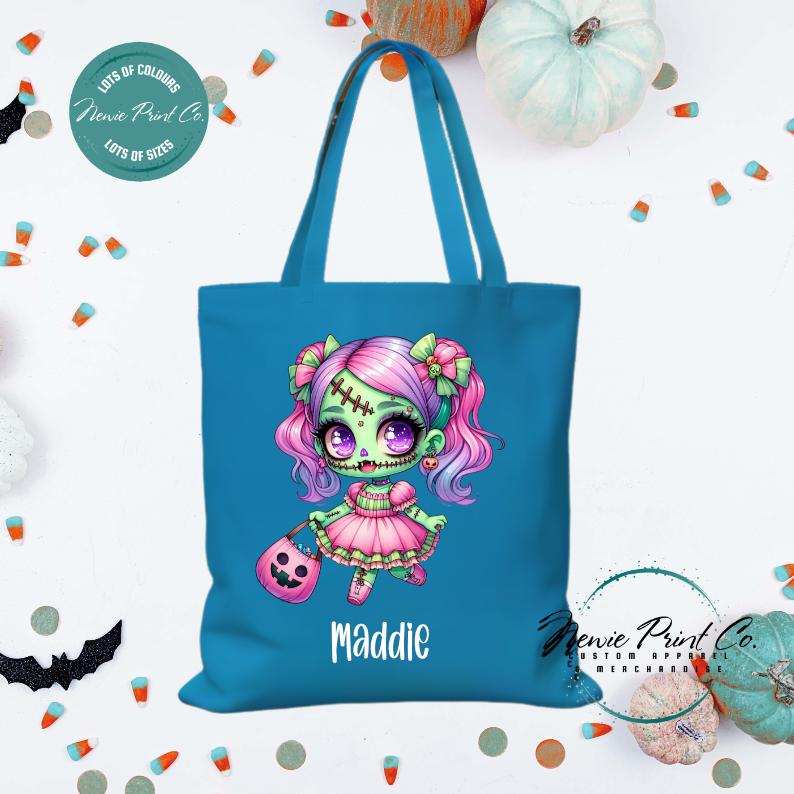 Custom Halloween tote bag with a cute zombie girl dressed in pink and purple, optional personalised name printed on the front, perfect for trick-or-treating or spooky season gifts
