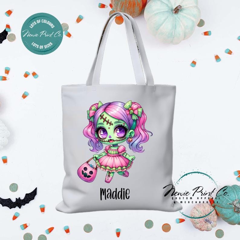 Custom Halloween tote bag with a cute zombie girl dressed in pink and purple, optional personalised name printed on the front, perfect for trick-or-treating or spooky season gifts